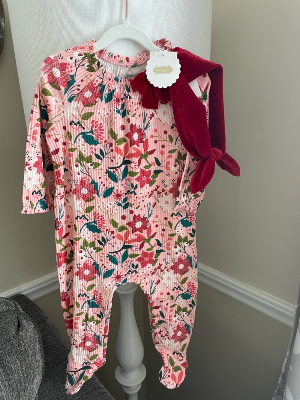 Mud Pie Pink Floral Baby Dress with Red Velvet Bow